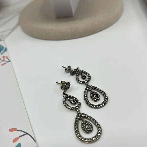 Suspicion Marcasite 🖤 Sterling Silver Teardrop Stud Earrings 🌟 - Picture 9 of 13